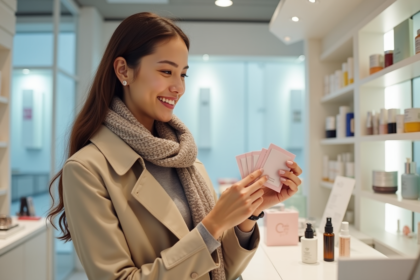 Jeune femme examine des échantillons de beauté dans un magasin