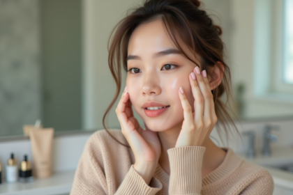 Jeune femme appliquant du fond de teint dans une salle de bain moderne