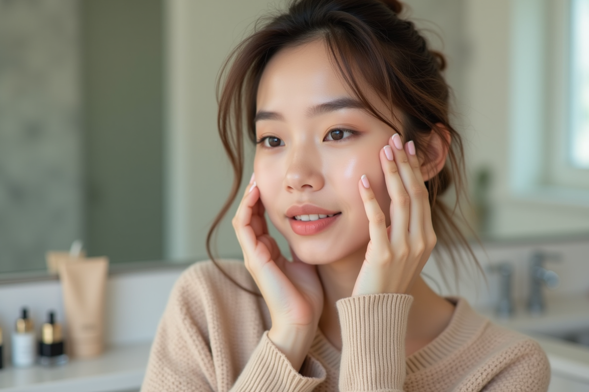 Jeune femme appliquant du fond de teint dans une salle de bain moderne