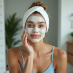 Jeune femme appliquant un masque d'argile sur le visage