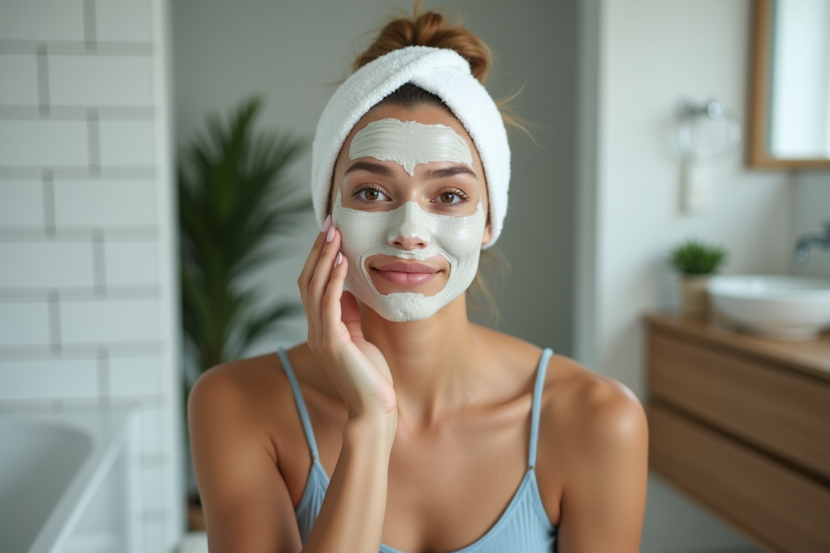 Jeune femme appliquant un masque d'argile sur le visage
