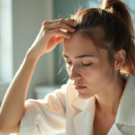 Jeune femme touchant ses racines capillaires dans une salle lumineuse