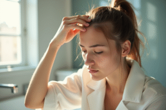 Jeune femme touchant ses racines capillaires dans une salle lumineuse