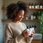 Jeune femme souriante examine des shampoings dans un bain moderne