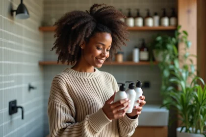 Jeune femme souriante examine des shampoings dans un bain moderne