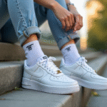 Jeune femme assise sur des marches urbaines avec des Air Force One blanches
