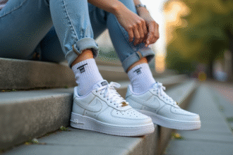 Jeune femme assise sur des marches urbaines avec des Air Force One blanches