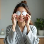 Femme appliquant des patchs pour les yeux dans sa salle de bain