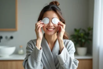 Femme appliquant des patchs pour les yeux dans sa salle de bain