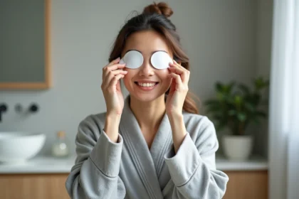 Femme appliquant des patchs pour les yeux dans sa salle de bain