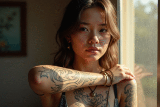 Jeune femme près d'une fenêtre avec tatouages tribaux