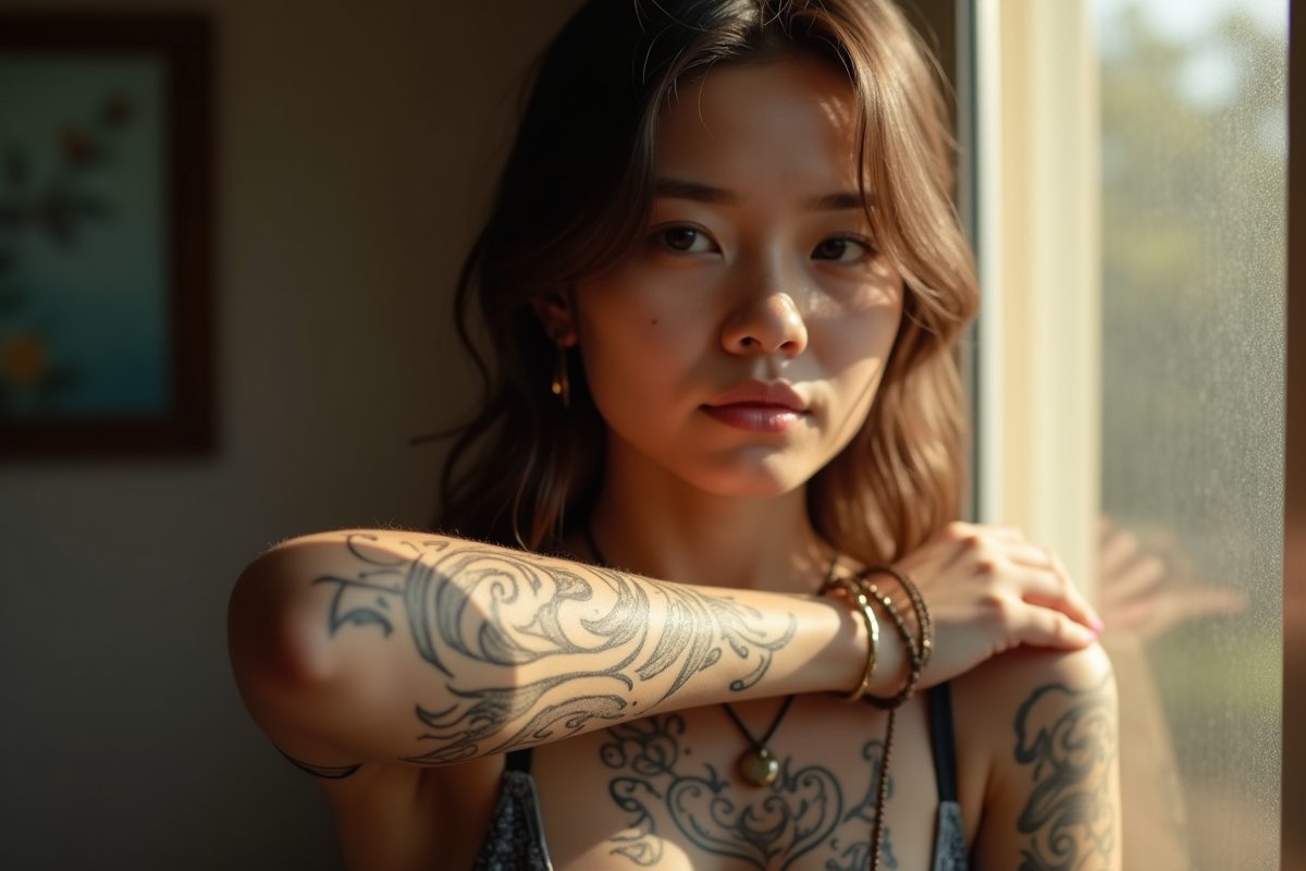Jeune femme près d'une fenêtre avec tatouages tribaux