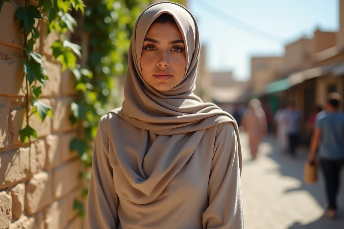 Jeune femme au hijab dans une rue de village ensoleillee