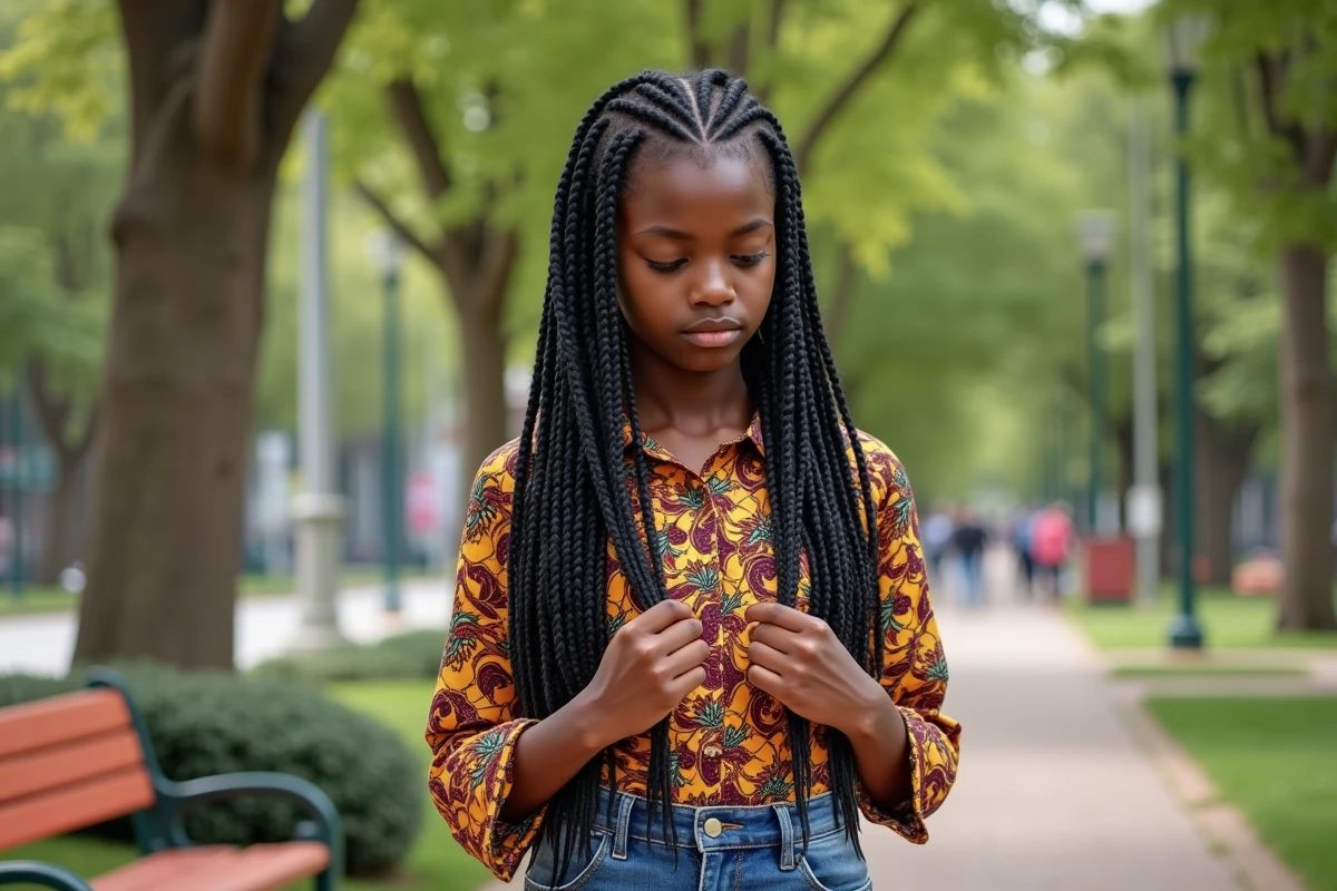 Adolescente noire examine ses braids dans un parc urbain