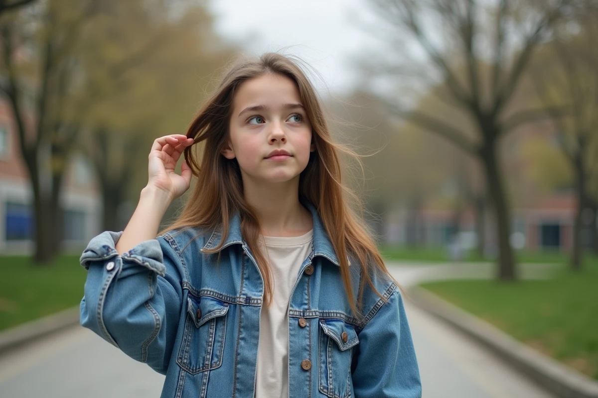 Jeune fille en denim dans un parc urbain en pleine réflexion