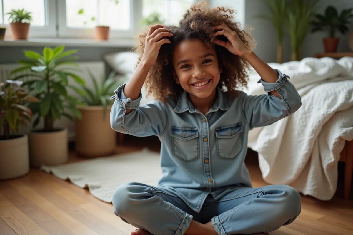 Jeune fille coilee se detanglant les cheveux avec les doigts