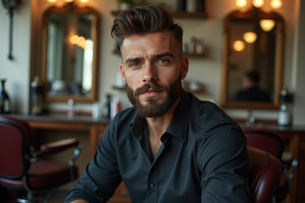 Jeune homme avec mullet et barbe dans un barbershop
