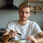 Jeune homme appliquant des mèches blondes à la maison