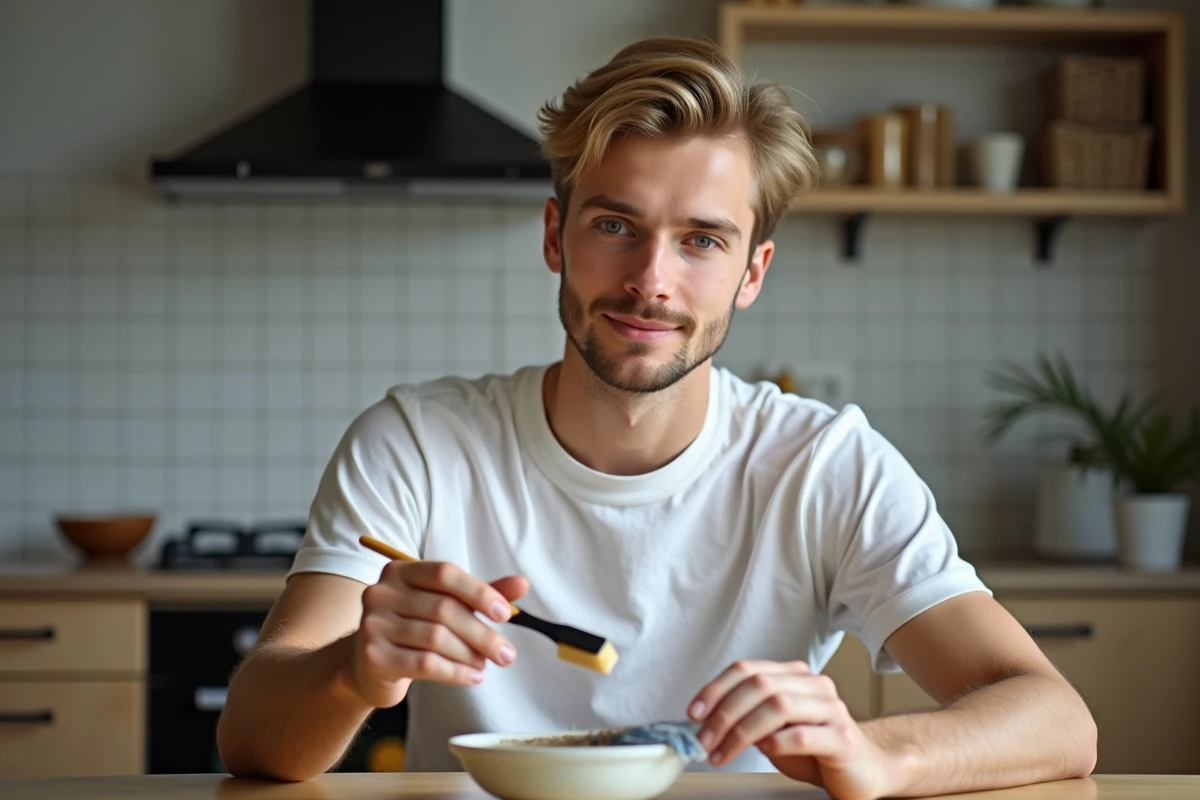 Jeune homme appliquant des mèches blondes à la maison