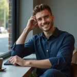 Jeune homme élégant au café avec chemise bleue et sourire naturel
