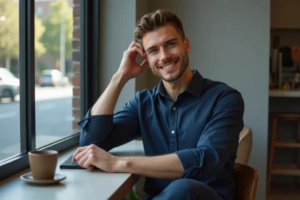 Jeune homme élégant au café avec chemise bleue et sourire naturel