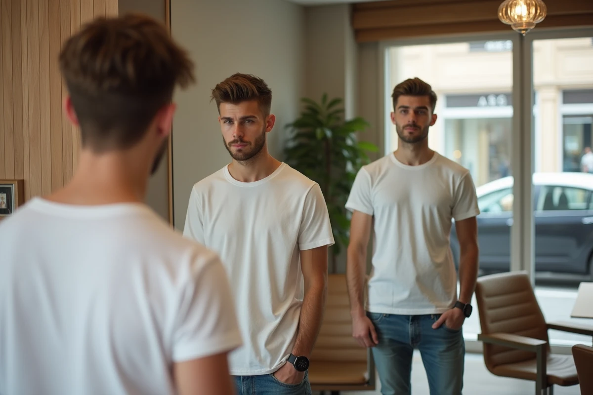 Jeune homme admirant sa nouvelle coupe dans un miroir au salon
