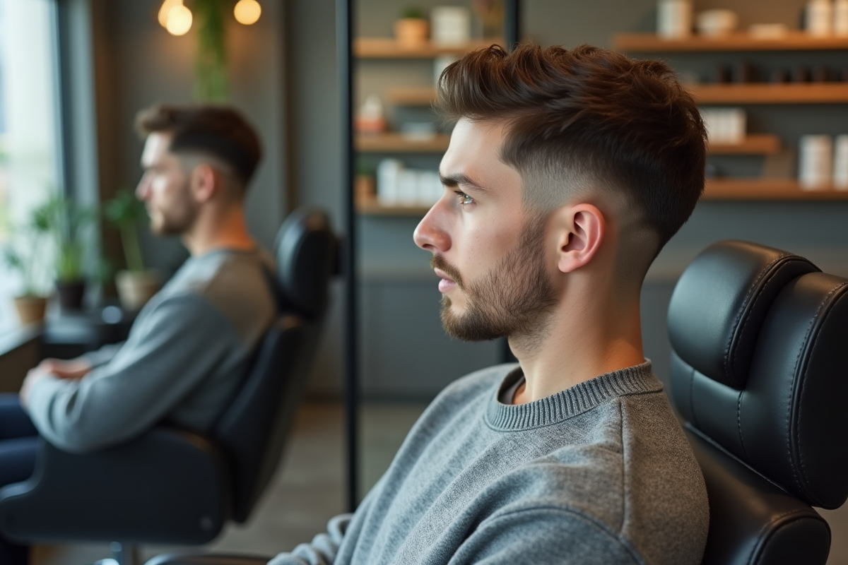 Jeune homme examine sa nouvelle coupe dans un salon moderne