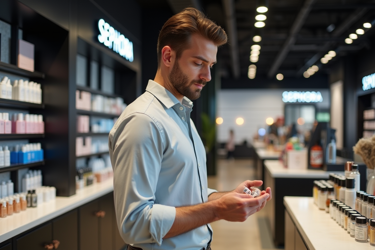Jeune homme examine des petits échantillons de soins et parfums