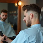 Jeune homme regardant son mauvais fade dans un miroir