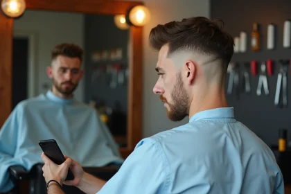 Jeune homme regardant son mauvais fade dans un miroir