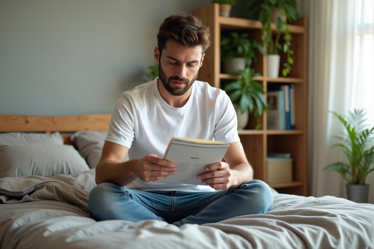 Jeune homme lisant une brochure sur la santé capillaire dans sa chambre