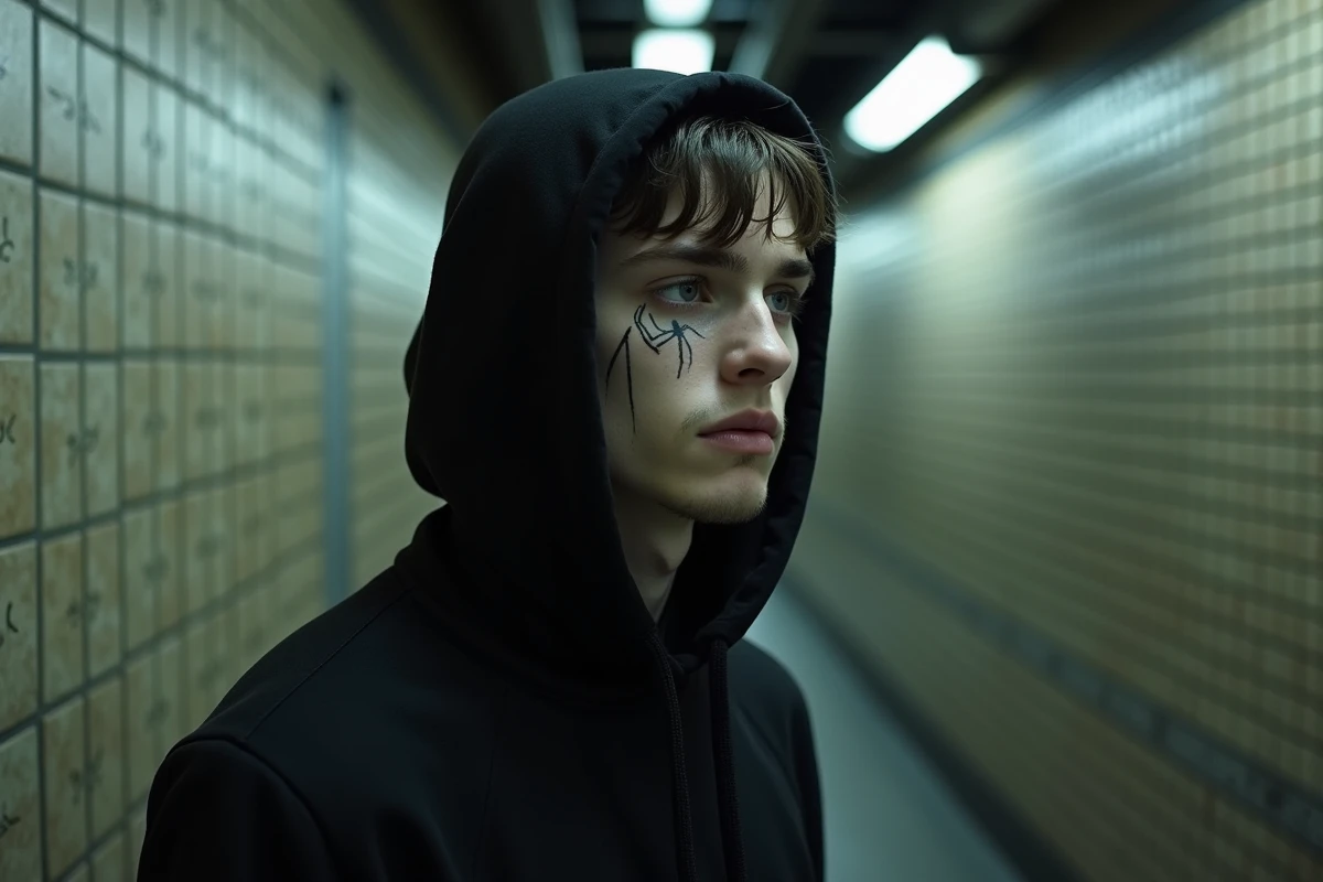 Jeune homme avec maquillage gothique dans le métro