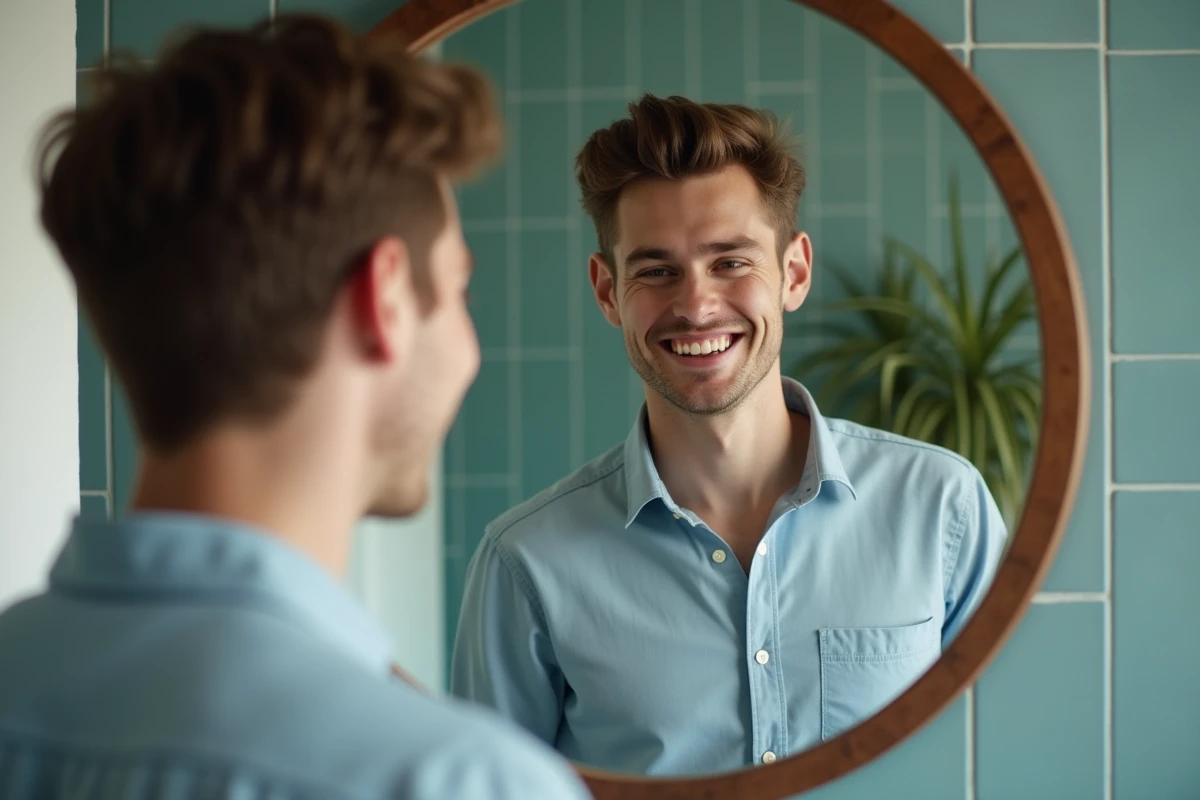 Jeune homme souriant regardant dans un miroir à la maison