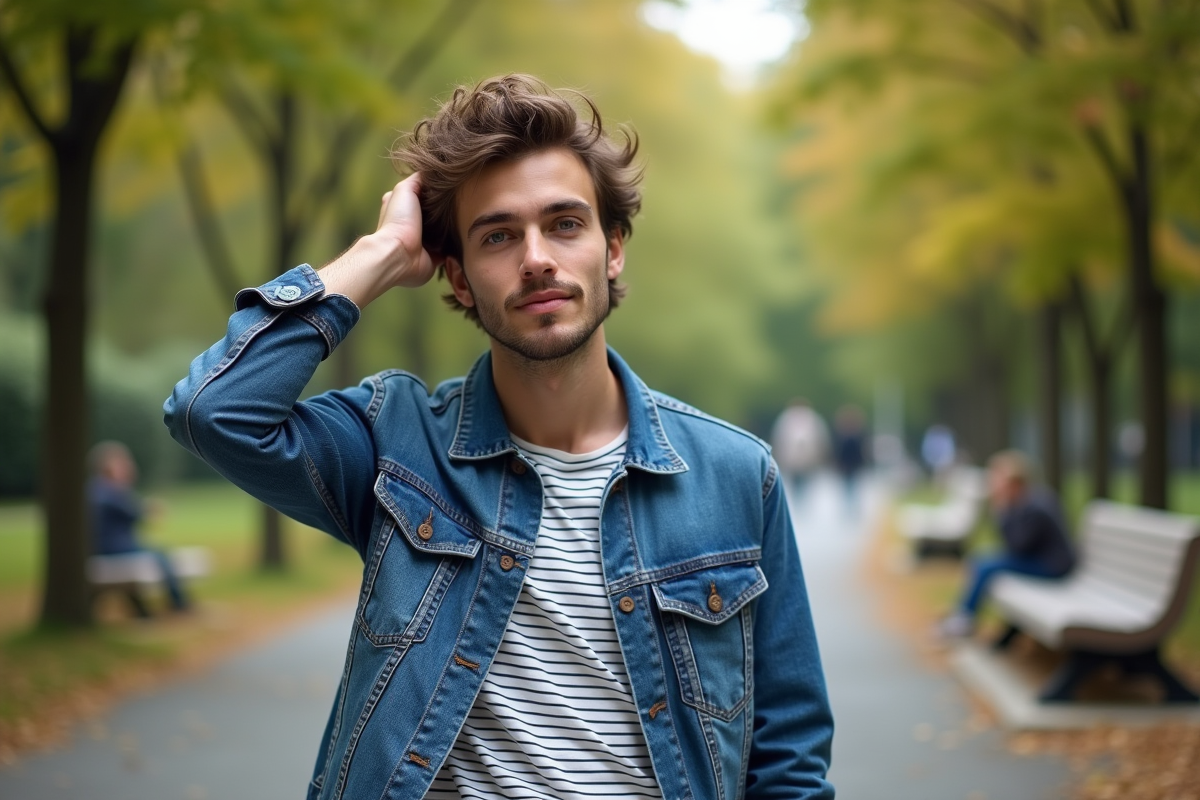 Jeune homme avec cheveux ondulés dans un parc urbain