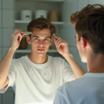 Jeune homme se coiffant devant le miroir de sa salle de bain