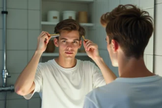 Jeune homme se coiffant devant le miroir de sa salle de bain