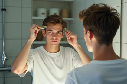Jeune homme se coiffant devant le miroir de sa salle de bain