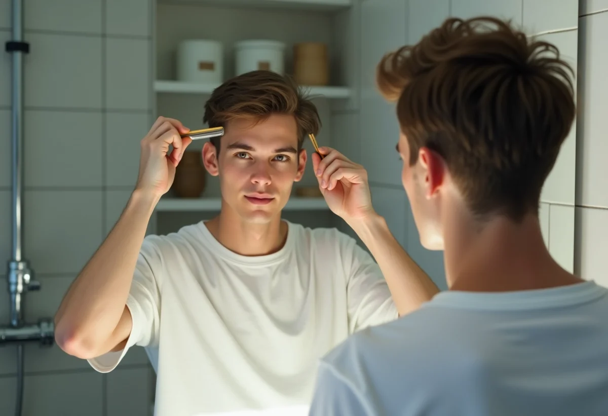 Jeune homme se coiffant devant le miroir de sa salle de bain
