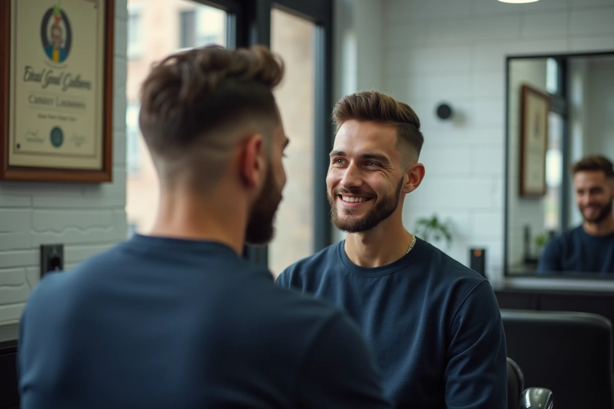Jeune homme découvrant son résultat de coupe taper dans le miroir du salon de coiffure avec un sourire satisfait