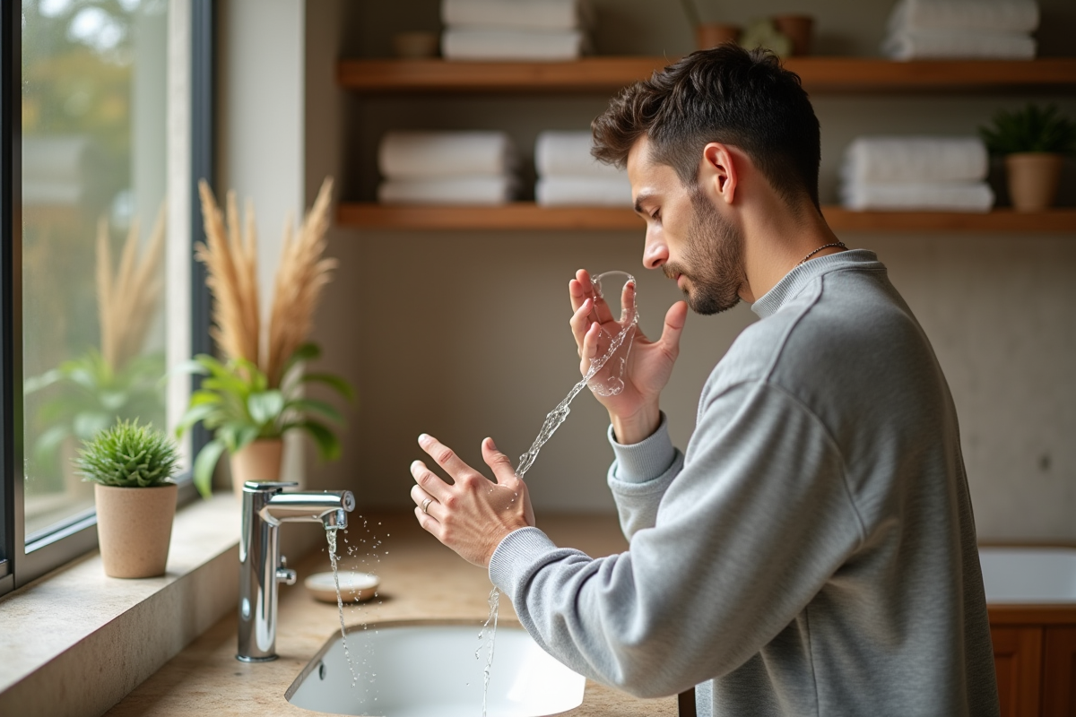 Jeune homme rinçant son visage au lavabo dans la salle de bain