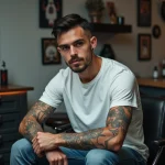 Jeune homme en studio de tatouage en train de se faire tatouer le bras