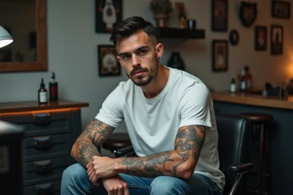 Jeune homme en studio de tatouage en train de se faire tatouer le bras