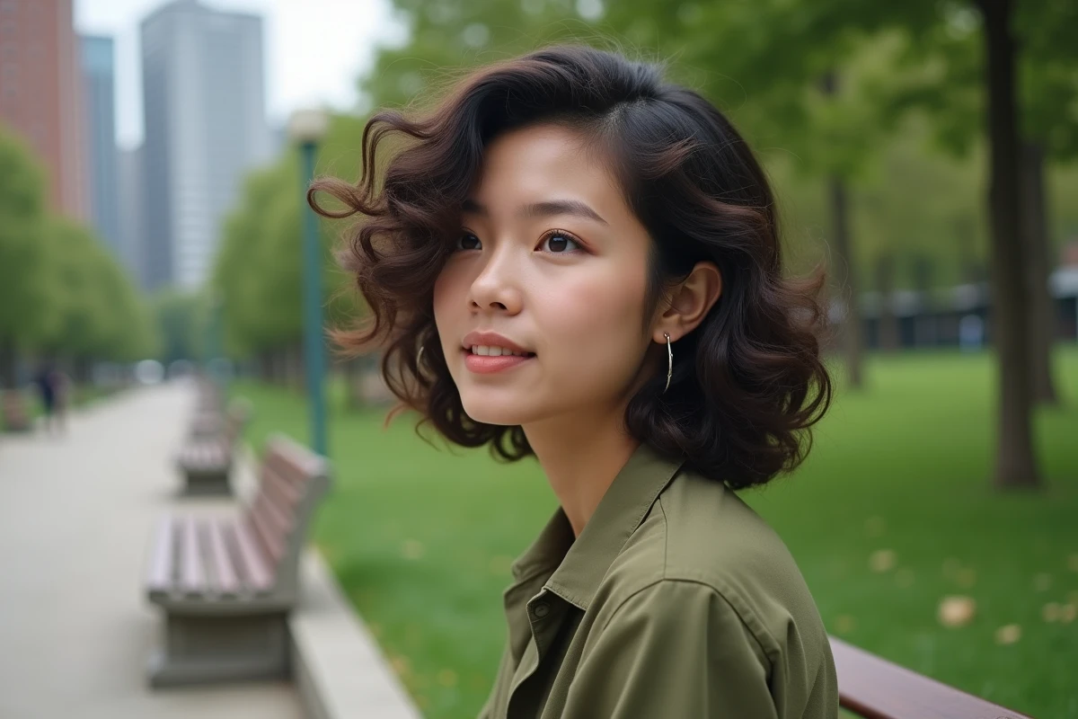 Jeune femme aux cheveux bouclés dans un parc urbain