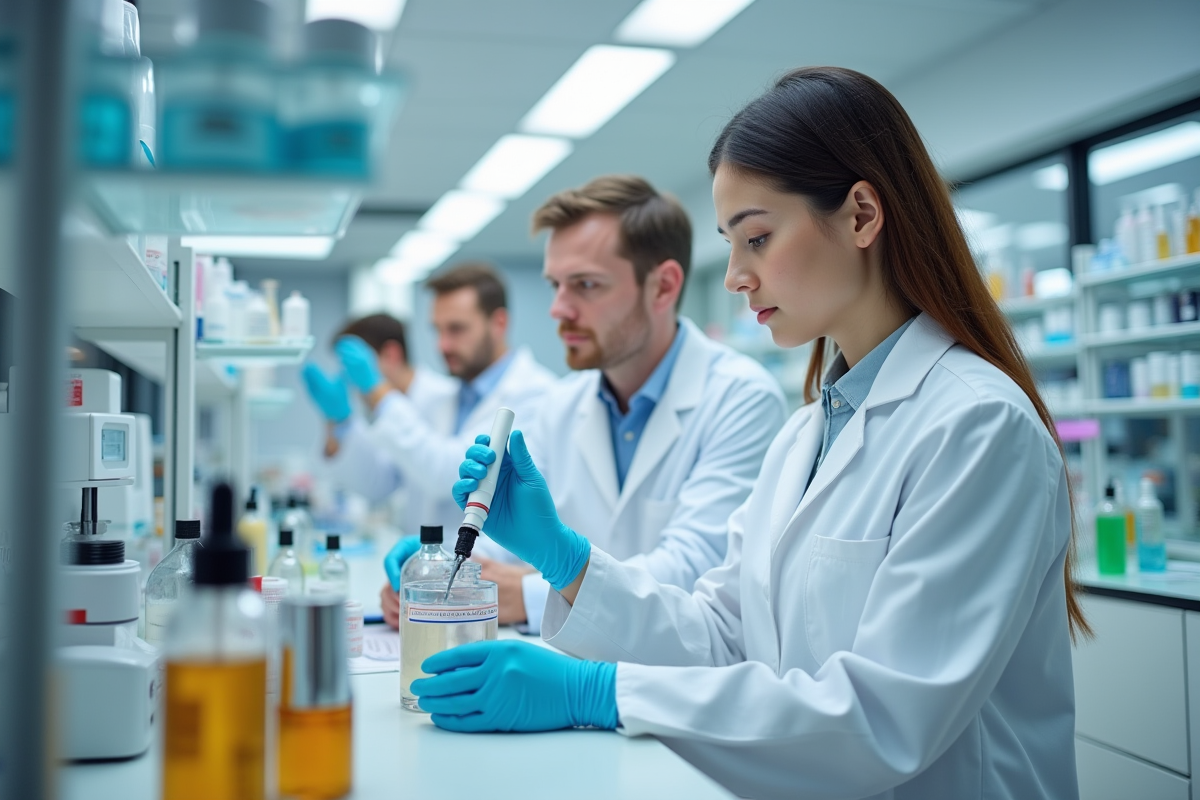 Laboratoire de cosmétiques avec scientifiques analysant des formulations