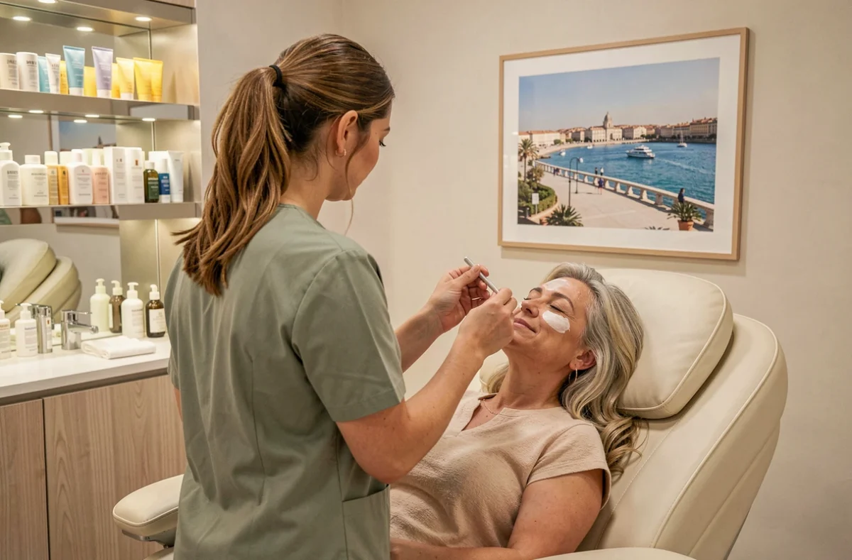 Esthéticienne appliquant un masque facial à une cliente dans un institut de beauté moderne et soigné à Saint-Raphaël