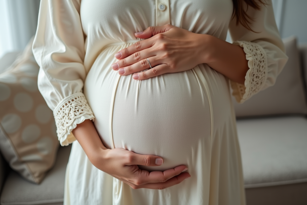 Mains de femme enceinte tenant son ventre avec douceur