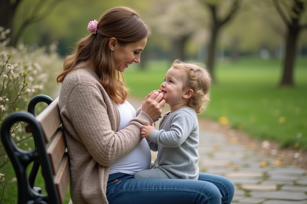 Maman et sa fille dans un parc au printemps