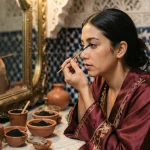 Femme marocaine appliquant du khôl traditionnel devant un miroir en laiton dans un riad orné de zelliges