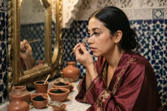 Femme marocaine appliquant du khôl traditionnel devant un miroir en laiton dans un riad orné de zelliges