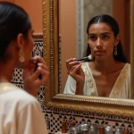 Femme marocaine à peau mate appliquant un fond de teint terracotta devant un miroir en laiton dans un riad traditionnel